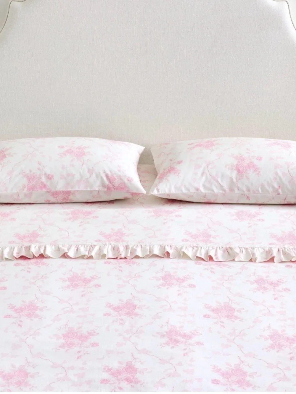 LoveShackFancy (2) Pink and White La Vie en Rose Floral Ruffle KING Pillowcases